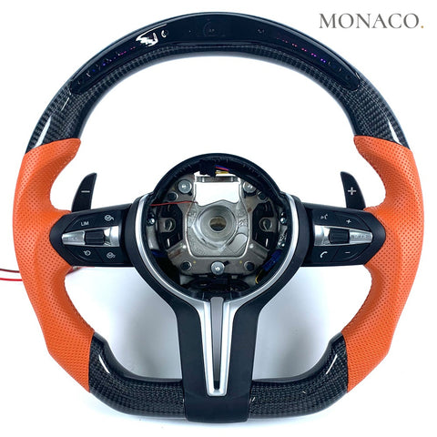 Custom carbon fiber steering wheel for BMW M2 F87, M3 F80, M4 F82, 3 Series F30, 5 Series F10 (2012–2020): Orange Perforated Leather