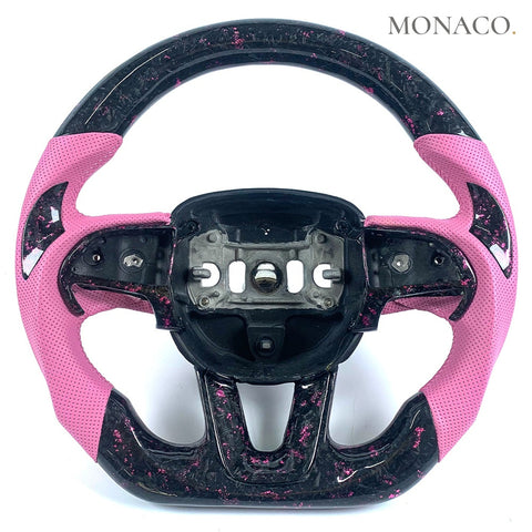 Custom carbon fiber steering wheel for Dodge Challenger Charger Hellcat (2015–2023): Pink Perforated Leather Forged Carbon