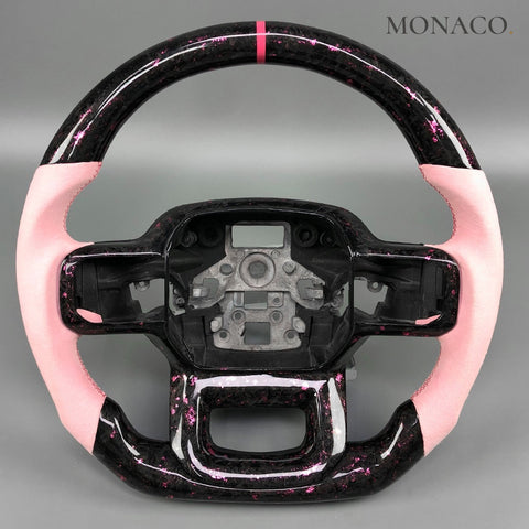 Custom carbon fiber steering wheel for Ford F-250 F-350 Super Duty Raptor (2017–2022): Pink Suede Pink Forged Carbon