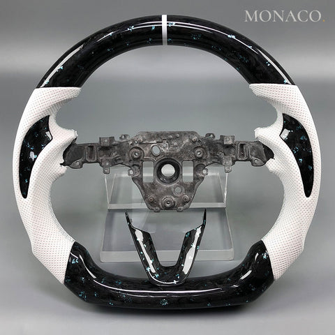Custom carbon fiber steering wheel for Tesla Model 3 (2017–2023): White Perforated Leather Blue Forged Carbon
