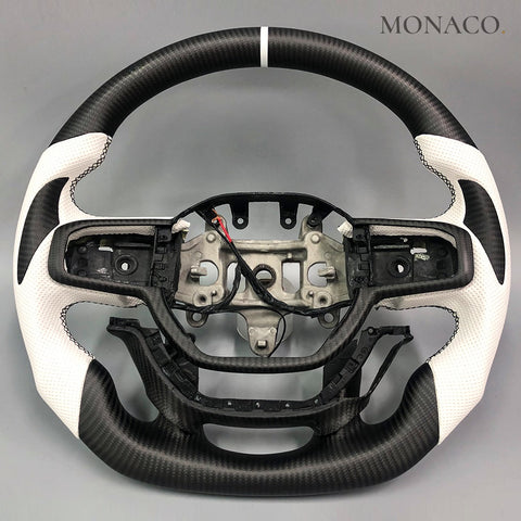 Custom carbon fiber steering wheel for Dodge Ram TRX 1500 3500 (2019–2024): White Perforated Leather Matte Carbon