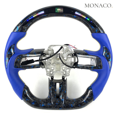 Custom carbon fiber steering wheel for Ford Mustang S550 (2015–2023): Blue Smooth Leather LED Blue Forged Carbon