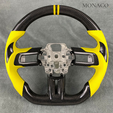 Custom carbon fiber steering wheel for Ford Mustang GT500 S550 (2015–2023): Yellow Perforated Leather Carbon