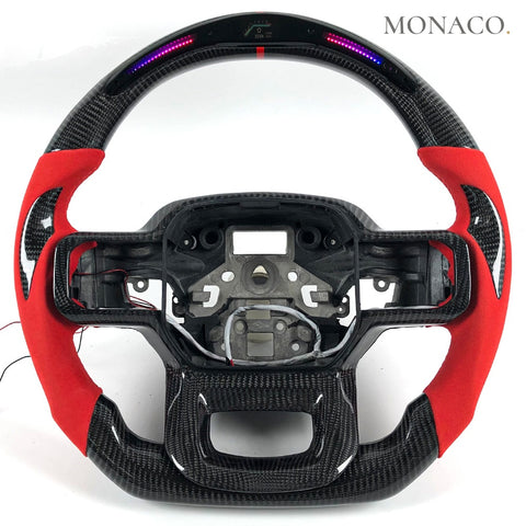 Custom carbon fiber steering wheel for Ford F-150 Raptor Ranger (2015–2020): Red Suede LED Carbon