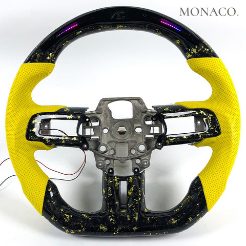 Custom carbon fiber steering wheel for Ford Mustang GT350 Shelby S550 (2015–2023): Yellow Perforated Leather LED Forged Carbon
