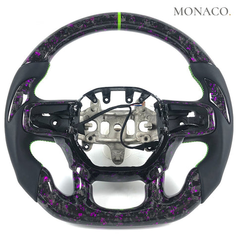 Custom carbon fiber steering wheel for Dodge Ram 1500 (2019–2024): Black Smooth Leather Purple Forged Carbon