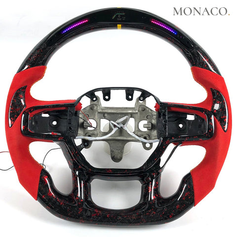 Custom carbon fiber steering wheel for Dodge Ram (2010–2023): Red Suede LED Forged Carbon