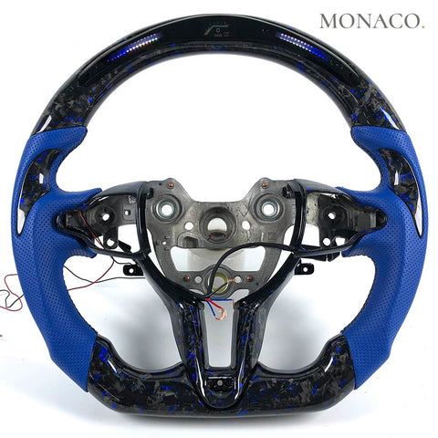 Custom carbon fiber steering wheel for Hyundai i30N i20N Elantra N (2017–2023): Blue Perforated Leather LED Forged Carbon