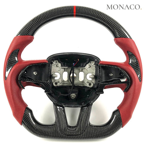 Custom carbon fiber steering wheel for Dodge Charger (2012–2017): Red Perforated Leather Carbon