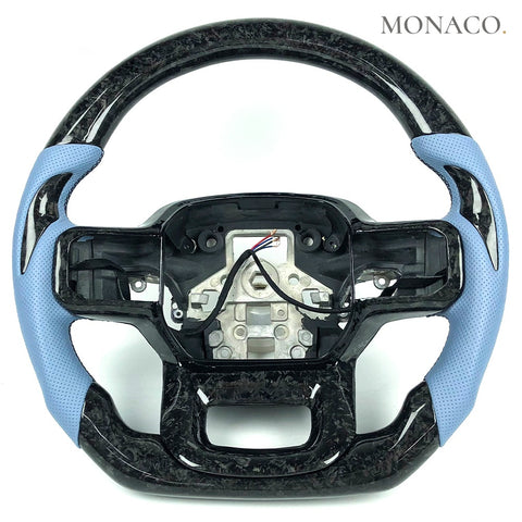 Custom carbon fiber steering wheel for Ford Ranger F-150 Raptor (2018–2023): Blue Perforated Leather Forged Carbon