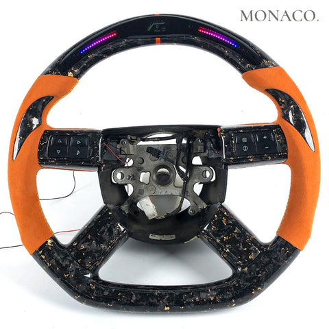 Custom carbon fiber steering wheel for Chrysler 300 300C, Dodge (2010–2013): Orange Perforated Leather LED Forged Carbon