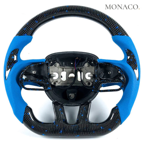 Custom carbon fiber steering wheel for Dodge Charger Challenger SRT (2015–2023): Blue Perforated Leather Blue Powder Forged Carbon