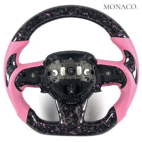 Custom carbon fiber steering wheel for Chrysler 300 300C (2015–2023): Pink Perforated Leather Pink Forged Carbon