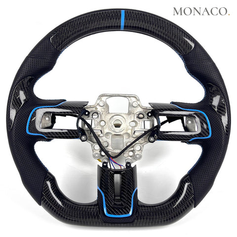 Custom carbon fiber steering wheel for Ford Mustang S550 (2015–2023): Perforated Leather Carbon