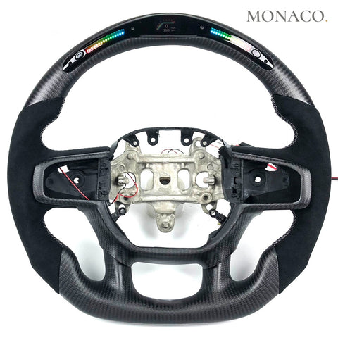 Custom carbon fiber steering wheel for Dodge Ram 1500 2500 3500 (2019–2024): Black Suede LED Matte Carbon