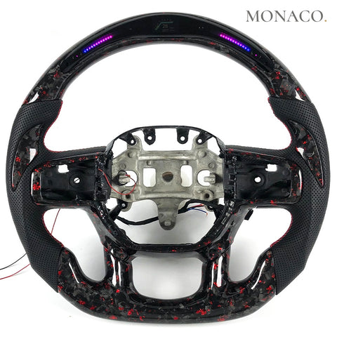 Custom carbon fiber steering wheel for Dodge Ram 1500 2500 3500 (2019–2024): Perforated Leather LED Red Forged Carbon