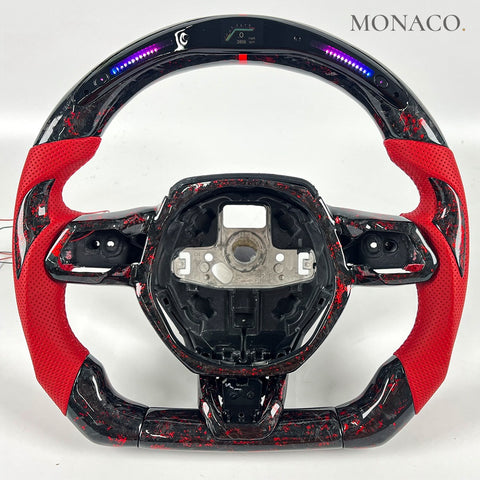 Custom carbon fiber steering wheel for Lamborghini Huracan Gallardo Urus (2014–2024): Red Perforated Leather LED Forged Carbon