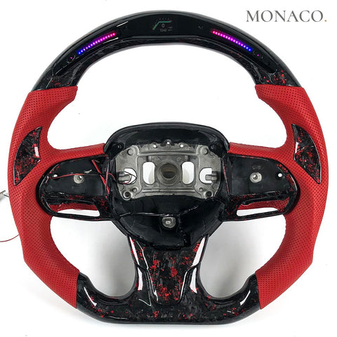 Custom carbon fiber steering wheel for Chrysler 300C SRT (2009–2012): Red Perforated Leather LED Forged Carbon