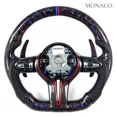 Custom carbon fiber steering wheel for BMW M3 F80, M4 F82, 3 Series F30, 5 Series F10, 2 Series F22 (2012–2020): Multicolor Forged Carbon