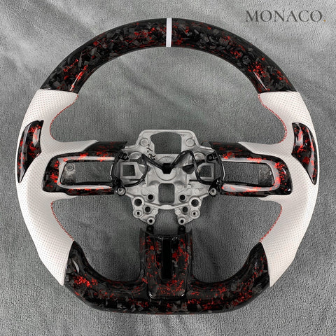 Custom carbon fiber steering wheel for Ford Mustang GT EcoBoost Shelby S550 (2015–2023): White Perforated Leather Red Forged Carbon