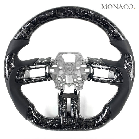 Custom carbon fiber steering wheel for Ford Mustang GT S550 (2015–2023): Black Leather Silver Forged Carbon