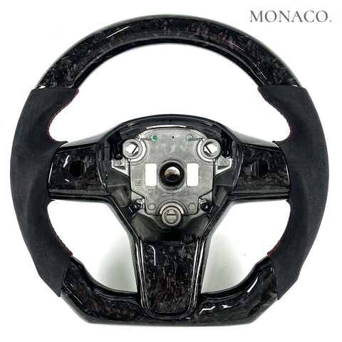 Custom carbon fiber steering wheel for Tesla Model 3 Model Y Model X Model S (2017–2019): Black Suede Forged Carbon
