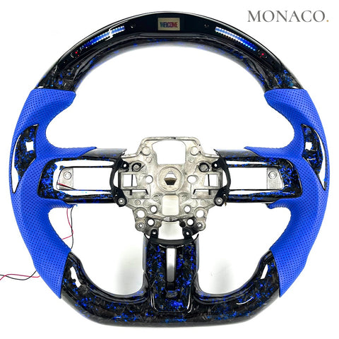 Custom carbon fiber steering wheel for Ford Mustang GT Shelby S550 (2015–2023): Blue Perforated Leather LED Forged Carbon