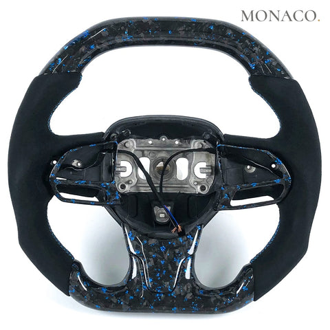 Custom carbon fiber steering wheel for Chrysler 300 300C (2010–2012): Black Suede Blue Forged Carbon