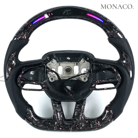 Custom carbon fiber steering wheel for Dodge Charger Challenger SRT (2015–2023): Black Leather LED Pink Powder Forged Carbon