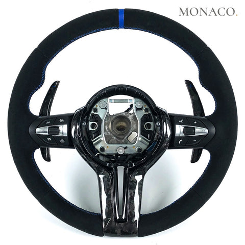 Custom carbon fiber steering wheel for BMW M3 F80, M4 F82, M2 F87, 3 Series F30, 5 Series F10 (2012–2020): Black Suede