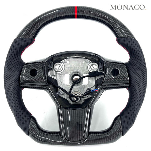 Custom carbon fiber steering wheel for Tesla Model 3 Model Y Model X Model S (2016–2023): Black Perforated Leather Carbon