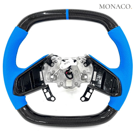Custom carbon fiber steering wheel for Chevrolet Corvette C8 (2020–2023): Blue Perforated Leather Carbon
