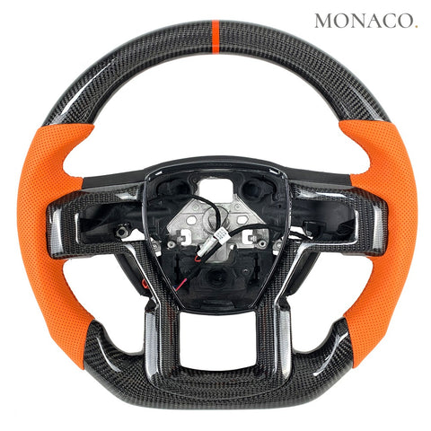 Custom carbon fiber steering wheel for Ford F-150 Raptor F-250 (2019–2022): Orange Perforated Leather Carbon