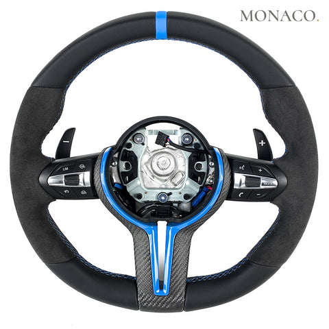 Custom carbon fiber steering wheel for BMW M2 F87, M3 F80, M4 F82, 3 Series F30 (2012–2020): Black Leather & Suede