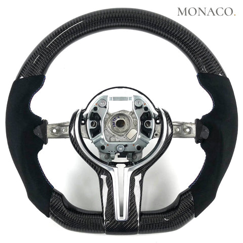 Custom carbon fiber steering wheel for BMW M2 F87, M3 F80, M4 F82, 3 Series F30, 5 Series F10 (2012–2020): Black Suede Carbon