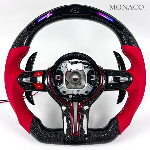 Custom carbon fiber steering wheel for BMW M3 F80, M4 F82, M2 F87, 3 Series F30, 5 Series F10 (2012–2020): Red Leather