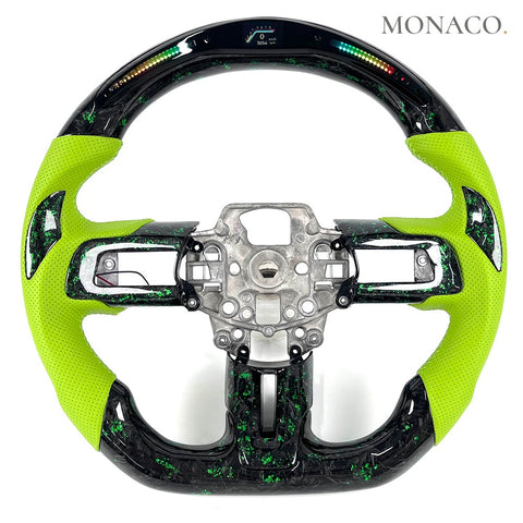 Custom carbon fiber steering wheel for Ford Mustang GT Shelby S550 (2015–2023): LED Green Forged Carbon