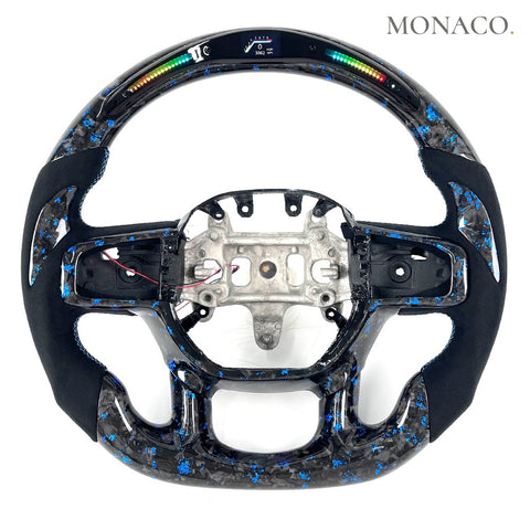 Custom carbon fiber steering wheel for Dodge Ram 1500 2500 3500 (2018–2026): LED Light Blue Forged Carbon
