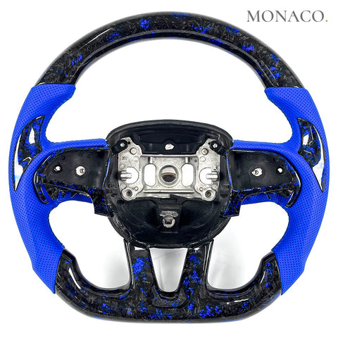 Custom carbon fiber steering wheel for Dodge Challenger Charger SRT (2015–2023): Blue Perforated Leather Forged Carbon