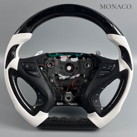 Custom carbon fiber steering wheel for Hyundai Sonata (2012–2016): White Smooth Leather LED Carbon