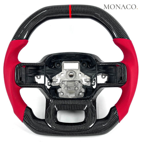 Custom carbon fiber steering wheel for Ford F-150 Raptor F-250 (2021–2023): Red Perforated Leather Carbon