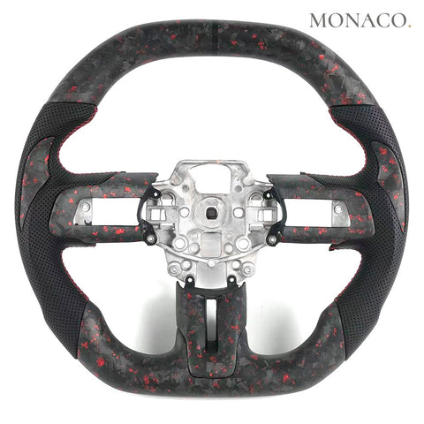 Custom carbon fiber steering wheel for Ford Mustang S550 (2015–2023): Perforated Leather Matte Red Forged Carbon
