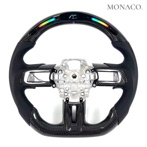 Custom carbon fiber steering wheel for Ford Mustang S550 (2015–2023): Black Perforated Leather LED Carbon