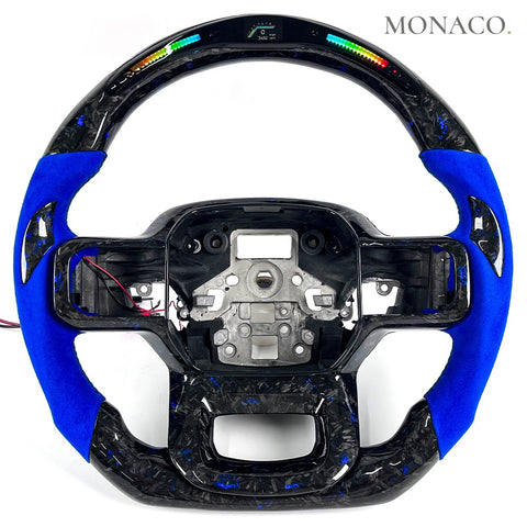 Custom carbon fiber steering wheel for Ford F-150 Raptor F-250 F-350 (2013–2016): Blue Suede LED Forged Carbon