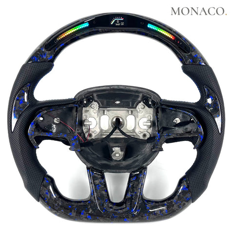 Custom carbon fiber steering wheel for Dodge Charger Challenger Durango SRT Hellcat RT (2015–2023): LED Dark Blue Forged Carbon