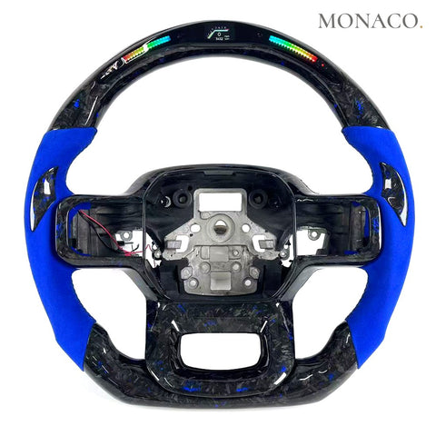 Custom carbon fiber steering wheel for Ford F-150 Raptor (2017–2022): Dark Blue Suede LED Forged Carbon