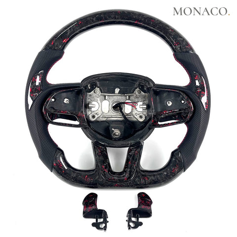 Custom carbon fiber steering wheel for Dodge Charger Challenger Hellcat Scat Pack (2015–2023): Black Perforated Leather Red Forged Carbon