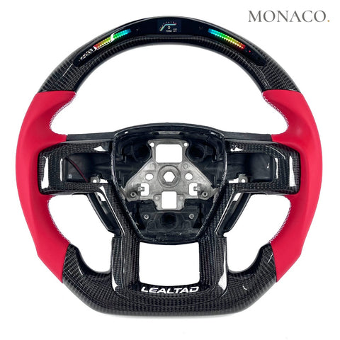 Custom carbon fiber steering wheel for Ford F-150 Raptor Ranger F-250 F-350 (2019–2022): Red Smooth Leather LED Carbon
