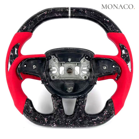 Custom carbon fiber steering wheel for Dodge Charger Challenger Durango SRT (2015–2023): Red Suede Multi-Color Forged Carbon Racing