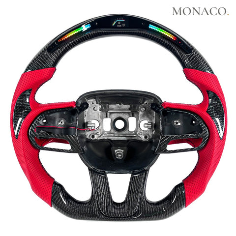 Custom carbon fiber steering wheel for Dodge Charger (2015–2023): Red Perforated Leather LED Carbon